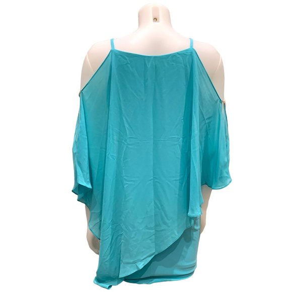 Size XXS Le Chateau Women Off Shoulder Cape Dress Chiffon Turquoise Knee Length - Picture 5 of 9